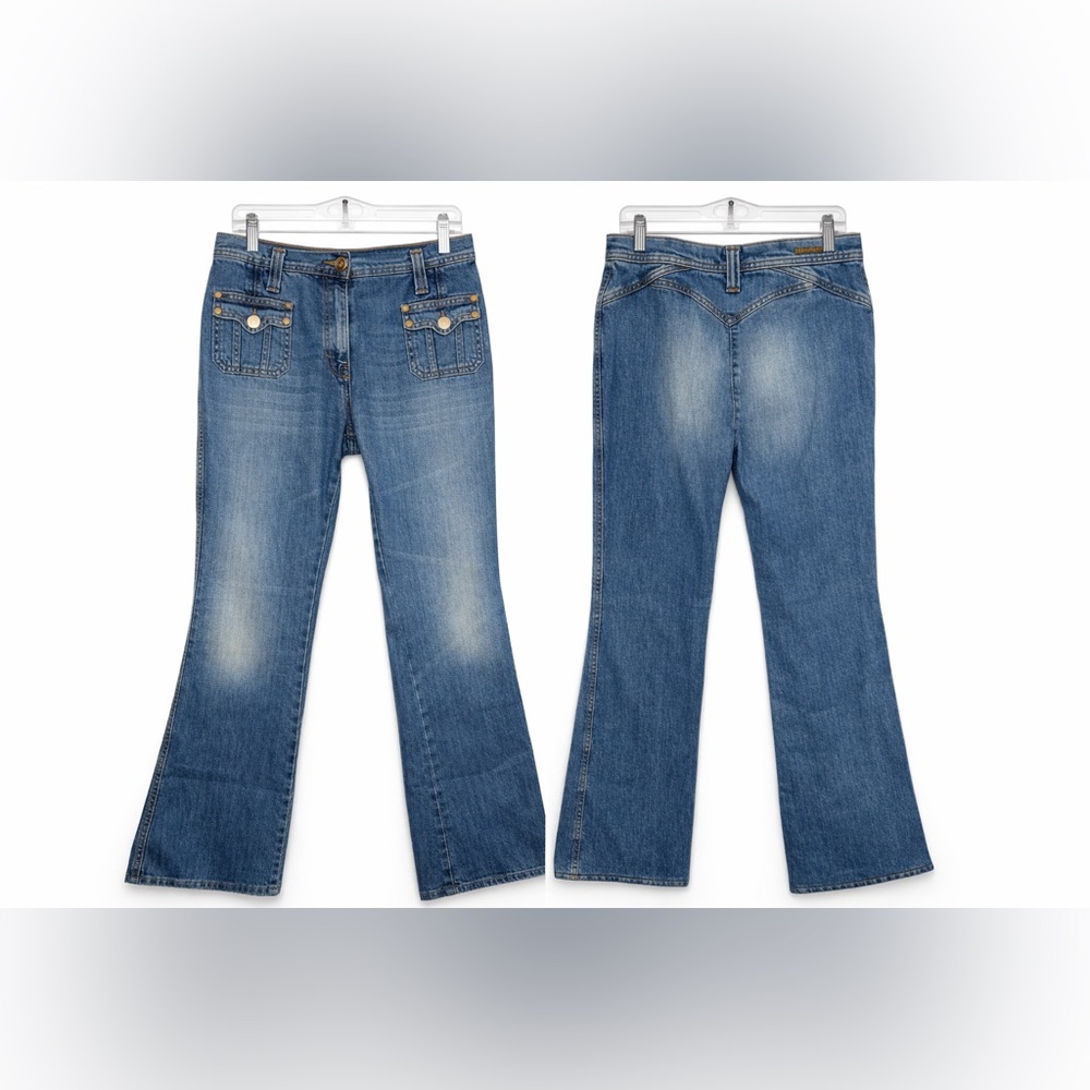 Roberto Cavalli Y2K Flare Jeans Gold Button Patch Pocket IT 42